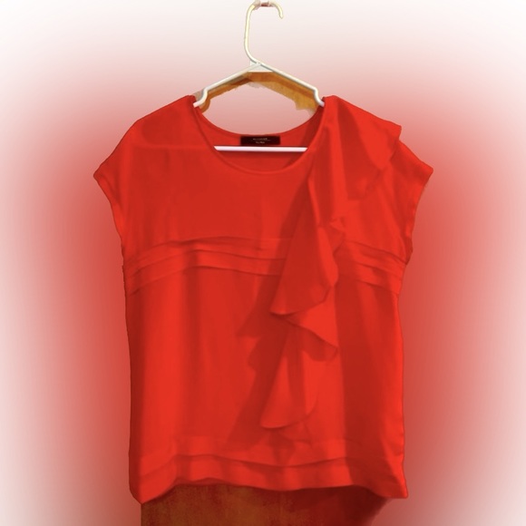 Blouse Fire engine red/ bright red frills left shdr pleats mid chest and border - Picture 1 of 5